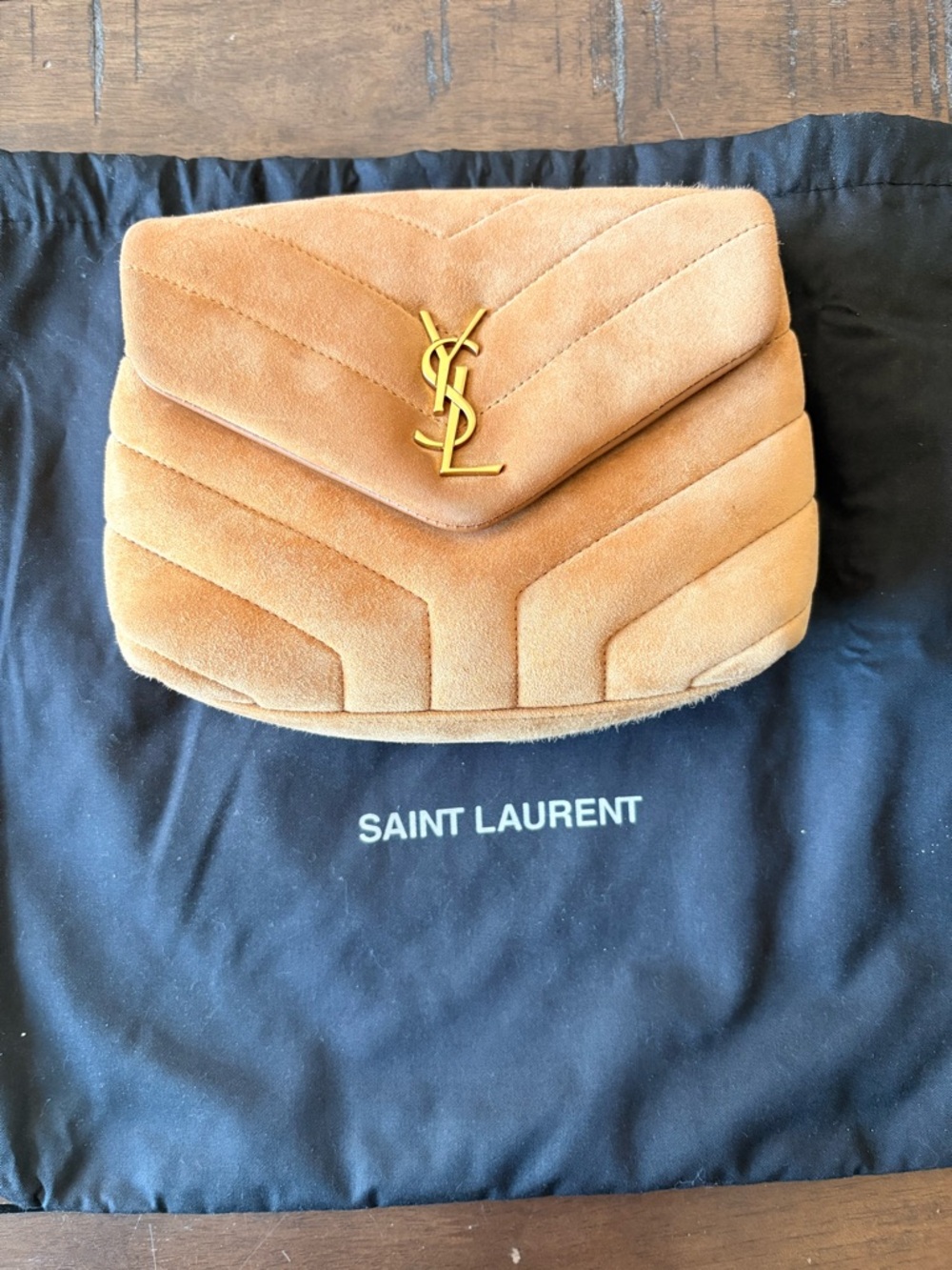 Saint Laurent Loulou Toy Tan Suede Chevron Crossbody with Gold YSL Logo